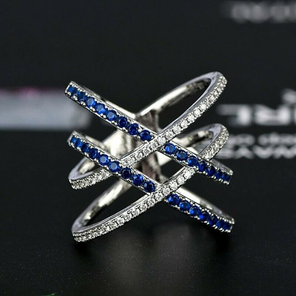 FIRM  Blue Criss-Cross Sapphire .925 Silver Ring - Picture 2 of 5